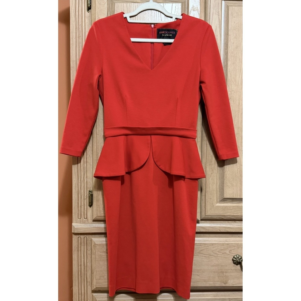 ANTHROPOLOGIE MARC BOUWER PEPLUM SHEATH DRESS MIDI‎ RED WOMEN'S SIZE 6